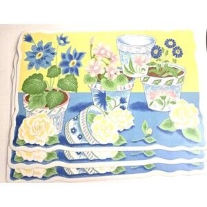Set of 4 VTG Floral Vinyl Placemats Set Cottage Garden Flower Pots Blue Yellow